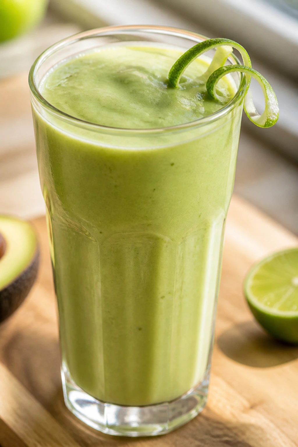 Close-up of a creamy avocado lime smoothie in a glass with lime zest