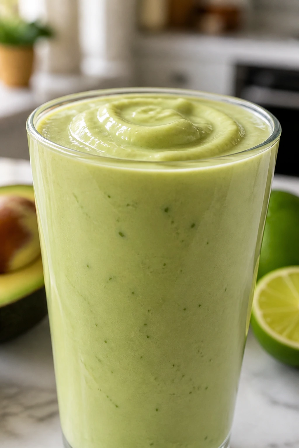 Pale-green avocado lime smoothie in a tall glass on a bright kitchen counter
