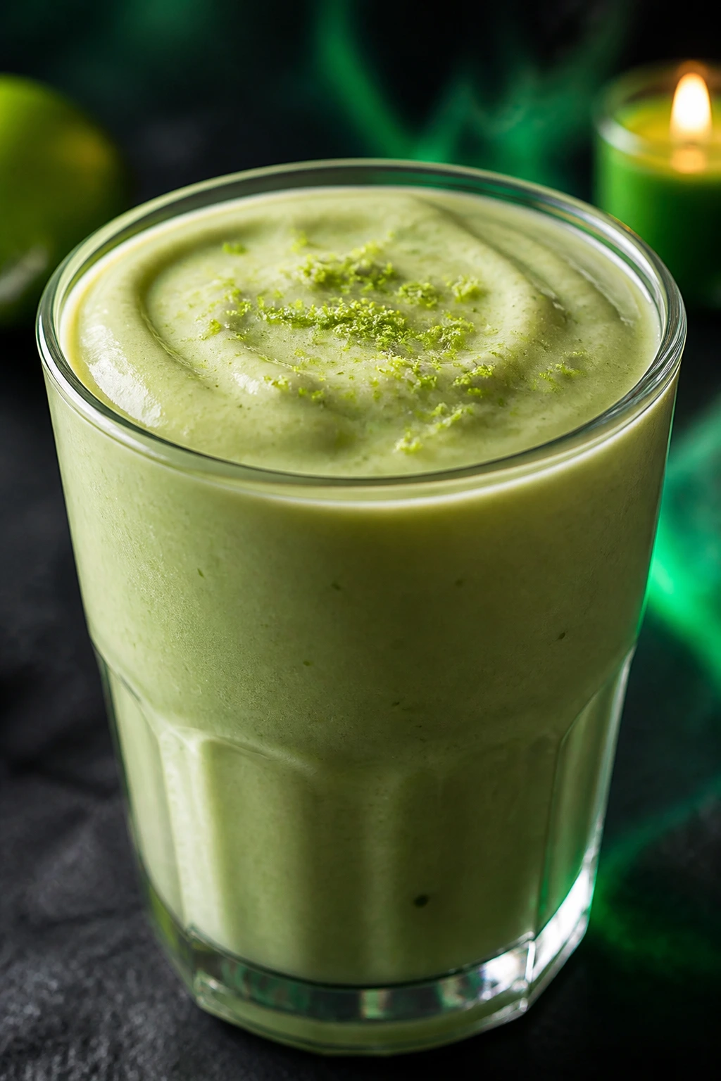 Close-up of Avocado Key Lime Witchy Smoothie in a clear glass with lime zest on top