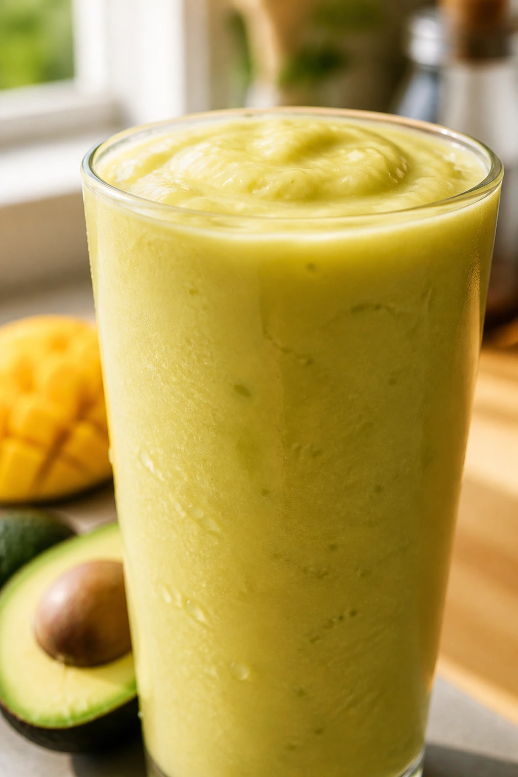 Close-up of thick avocado-mango smoothie in glass on a wooden kitchen counter