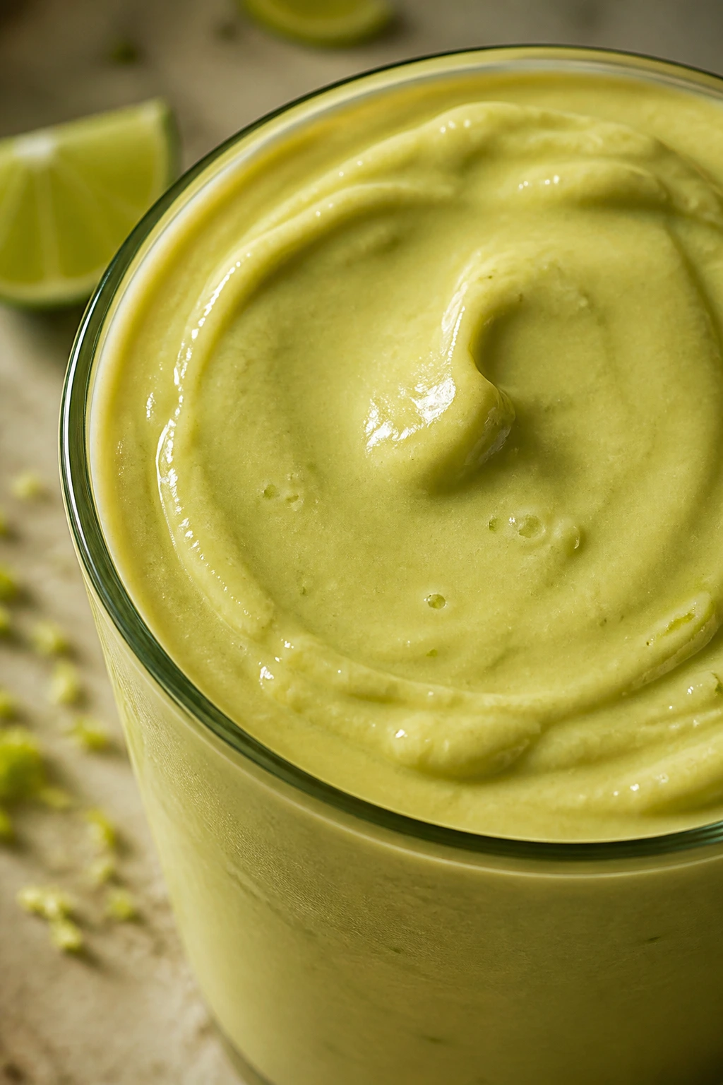 Silky avocado mango smoothie in glass highlighting texture