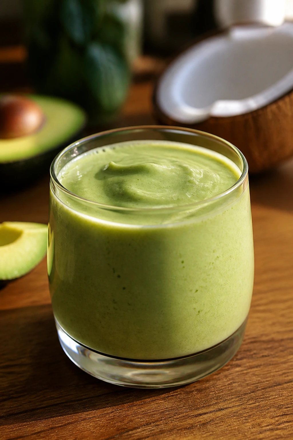 Close-up of Avocado Matcha Coconut Smoothie in a glass on a wooden counter