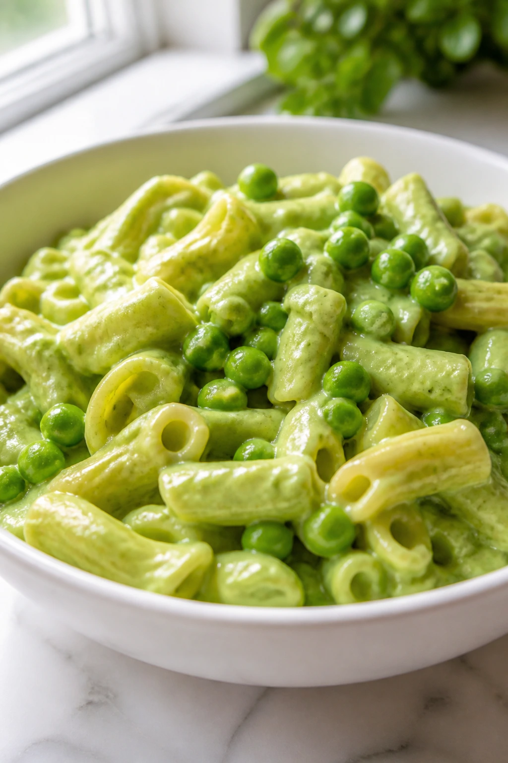 Creamy avocado pasta with peas in a white bowl in a bright kitchen.