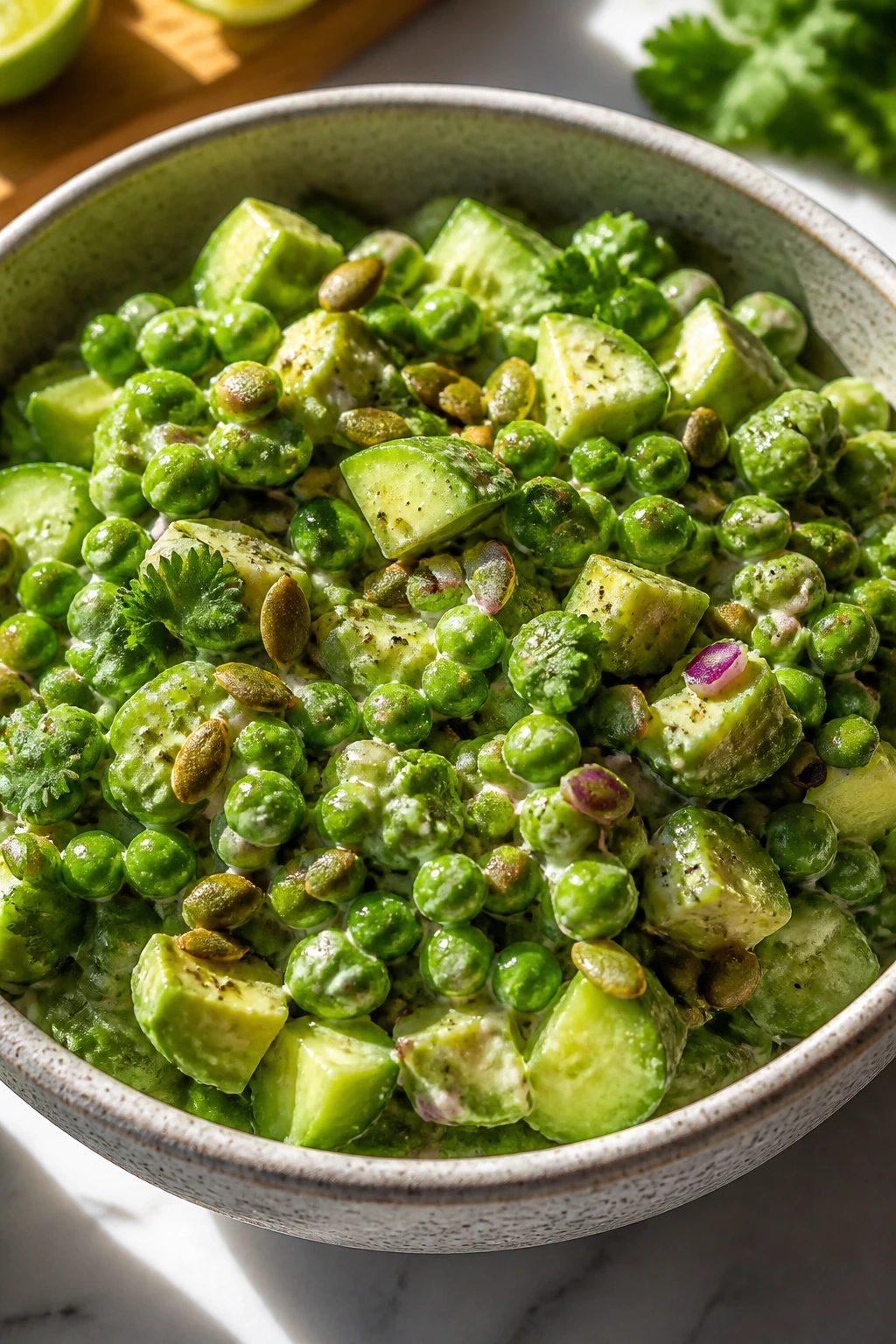 Close-up of Avocado Pea Salad with Lime and Pepitas showing creamy avocado, peas, cucumber, and pepitas.