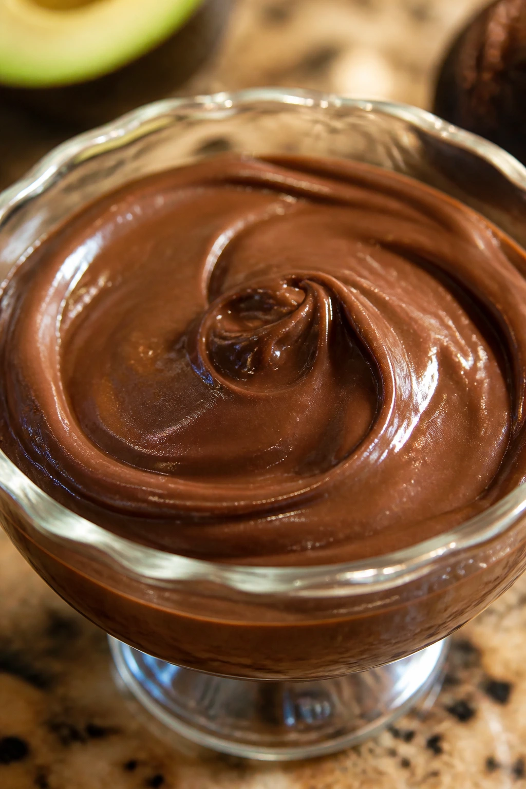Glass bowl filled with glossy avocado chocolate pudding.
