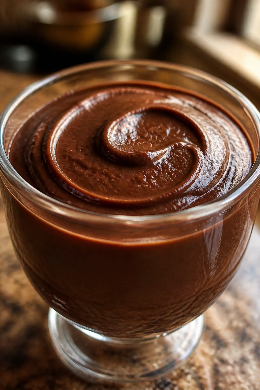 Close-up of glossy chocolate avocado pudding in a clear glass cup on a warm kitchen counter.