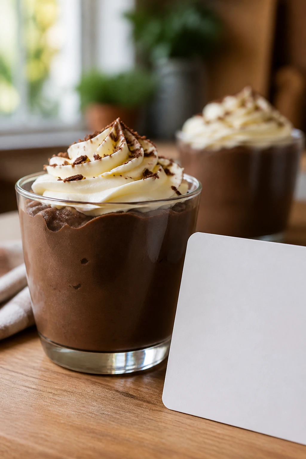 Velvety avocado pudding with cream cheese frosting in a glass beside a blank recipe card