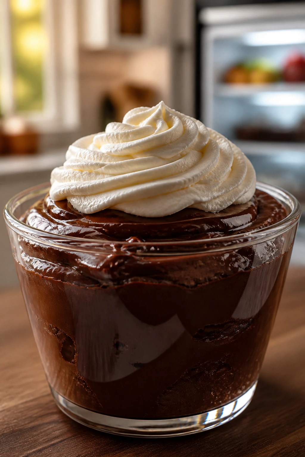 Close-up of avocado chocolate pudding with cream cheese frosting in a glass dessert cup