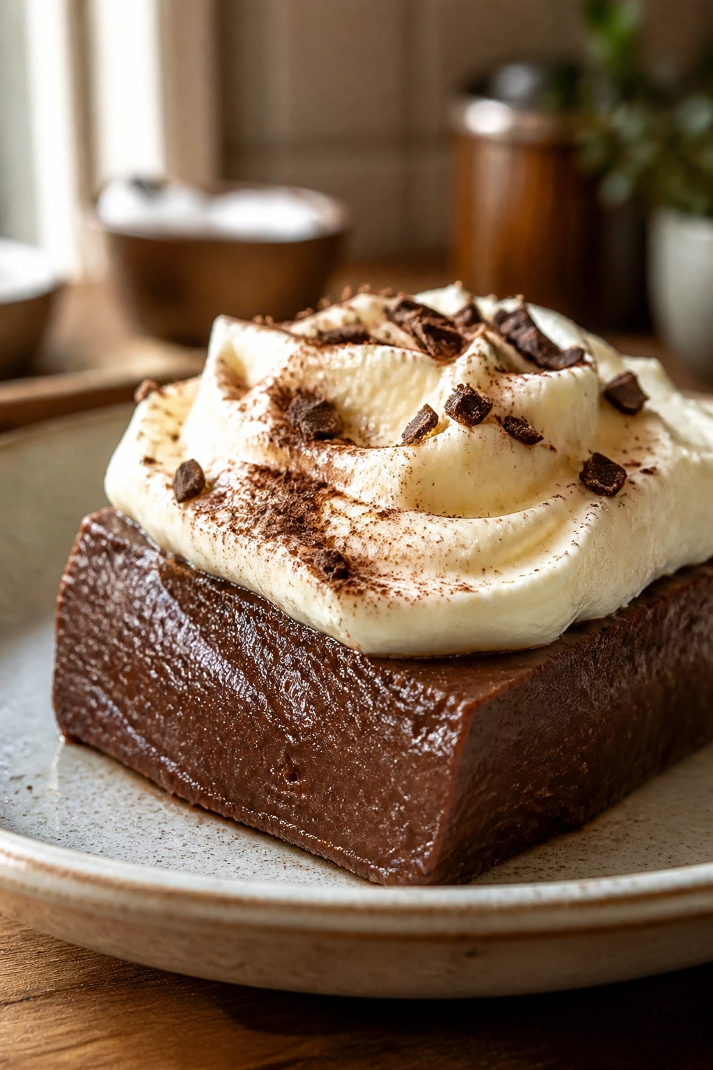 Close-up of moist avocado chocolate pudding with cream cheese frosting on a plate