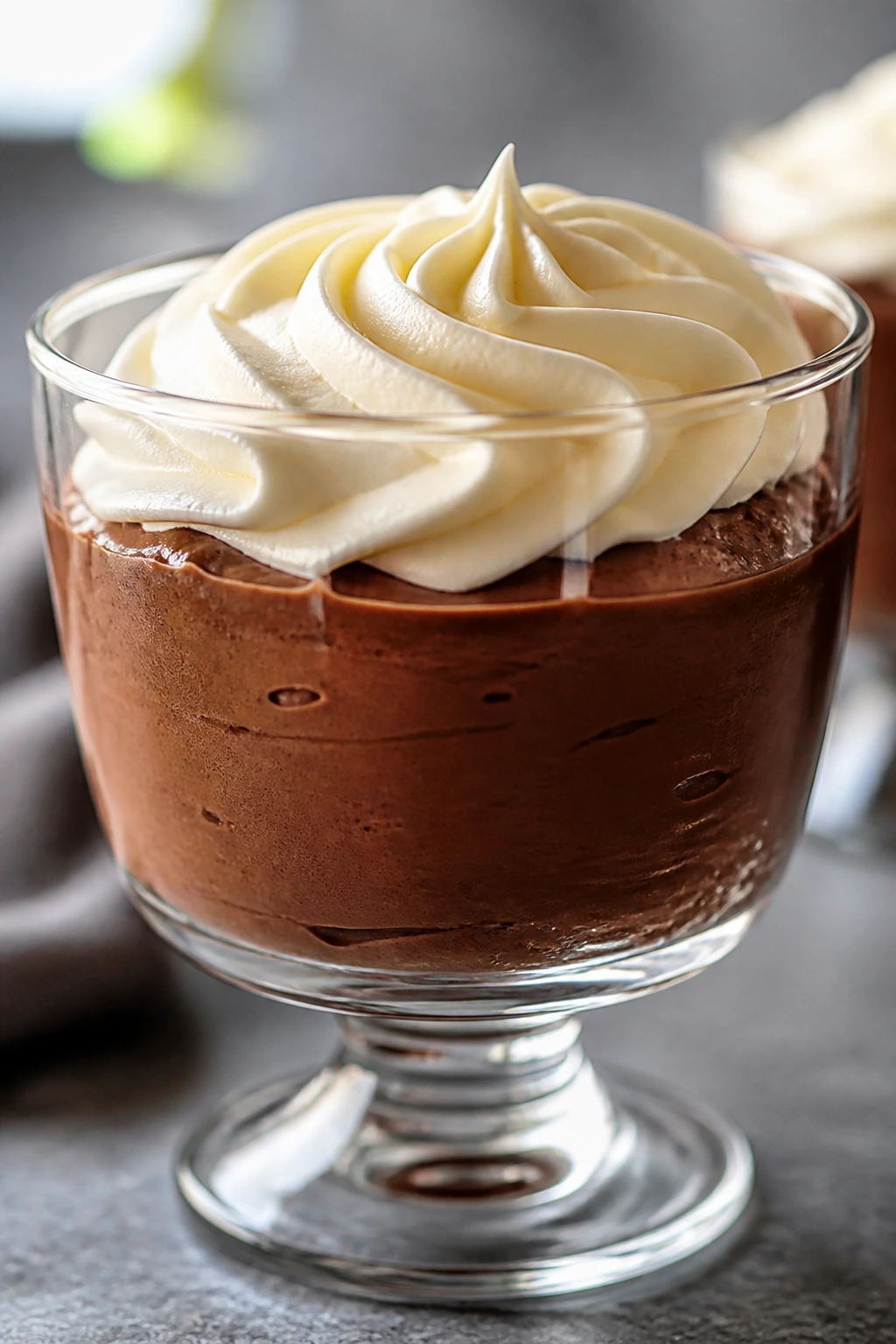Close-up of a glass dessert cup with glossy avocado chocolate pudding and a cream cheese frosting swirl
