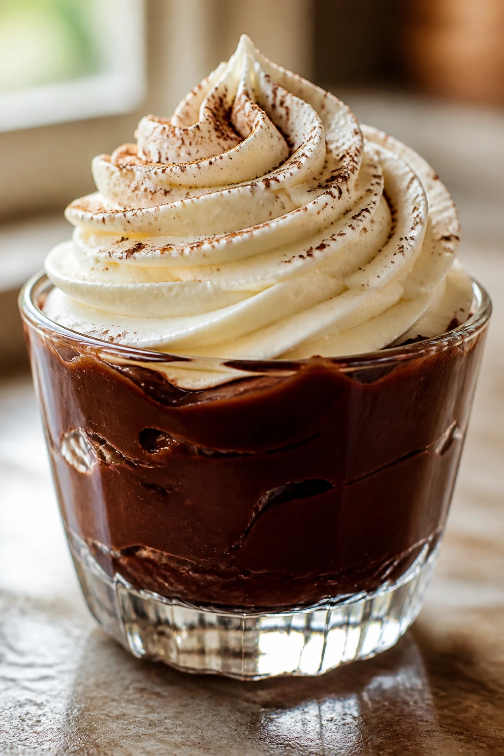 Close-up of a glass cup with dark avocado pudding and a white cream cheese frosting spiral in a cozy kitchen