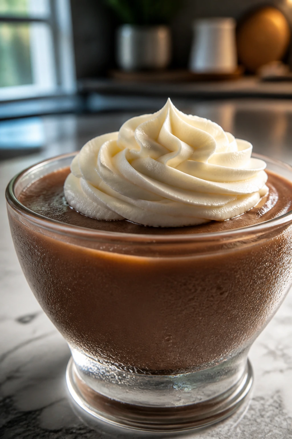 Close-up of silky avocado chocolate pudding in a glass with cream cheese frosting in a cool kitchen