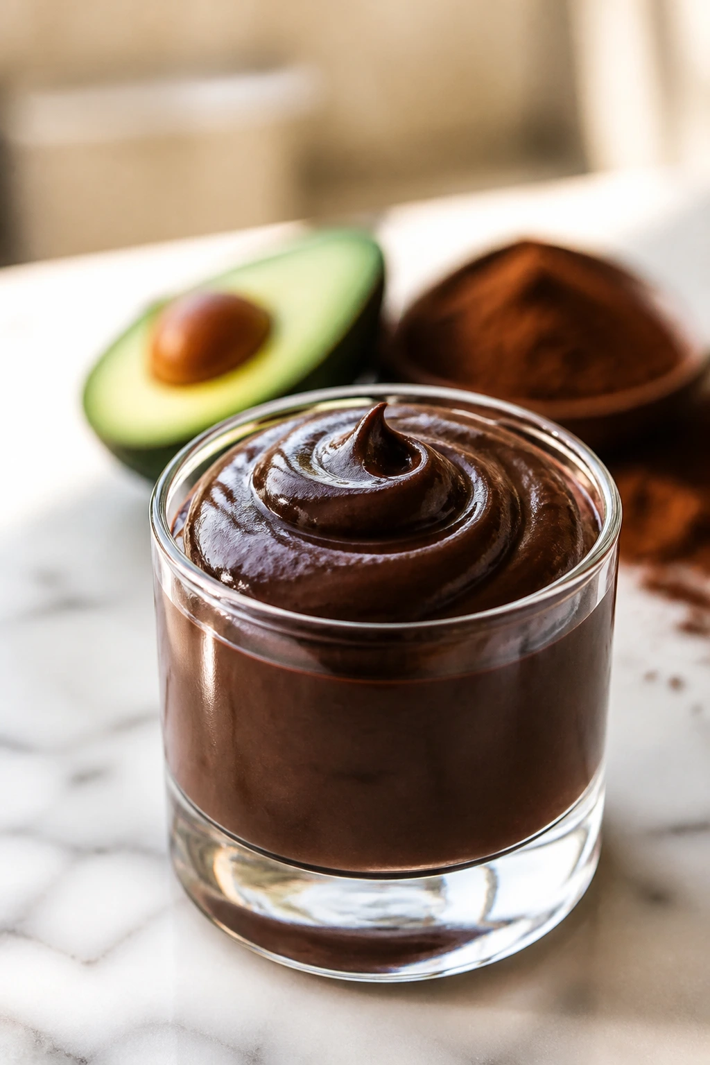 Glass dessert cup with dark glossy pudding, avocado and cocoa in background