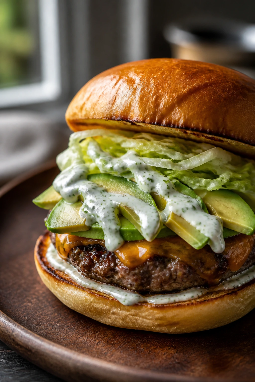 Close-up of avocado ranch burger with avocado and ranch on a bun