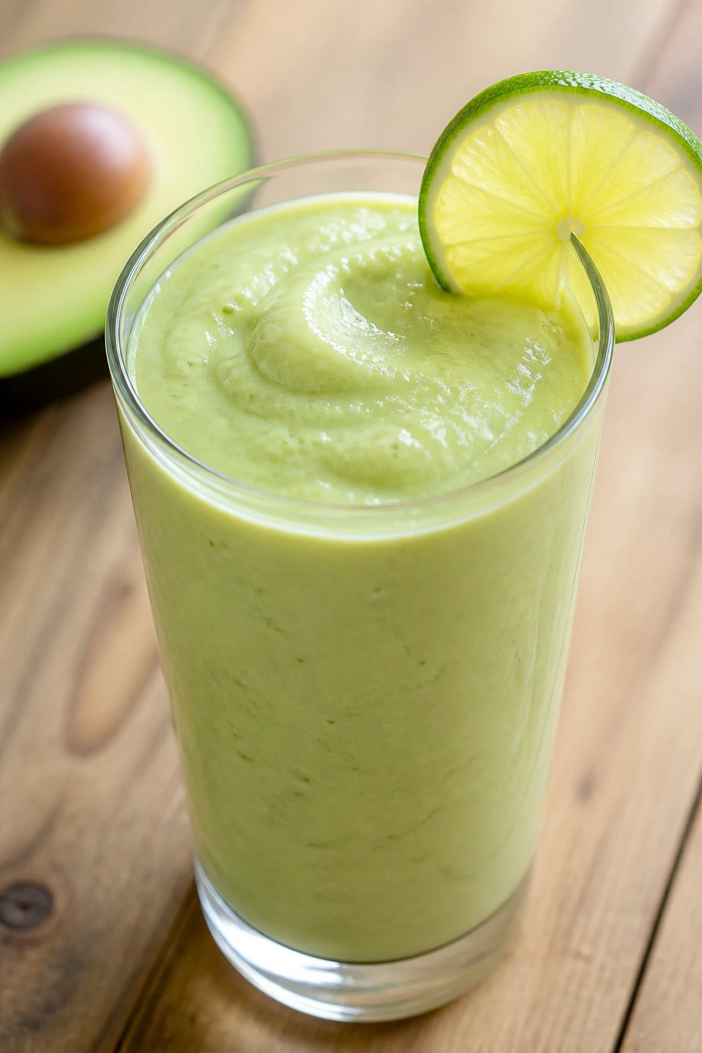 Close-up of Avocado Honey Lime Smoothie in a glass with lime wheel on wooden table
