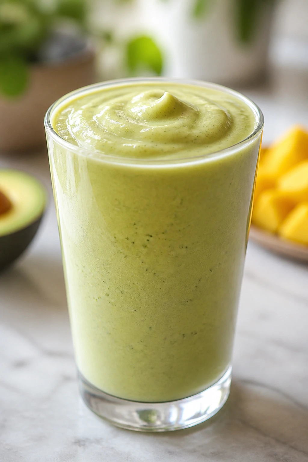 Glossy pale green smoothie in glass with soft swirl on counter