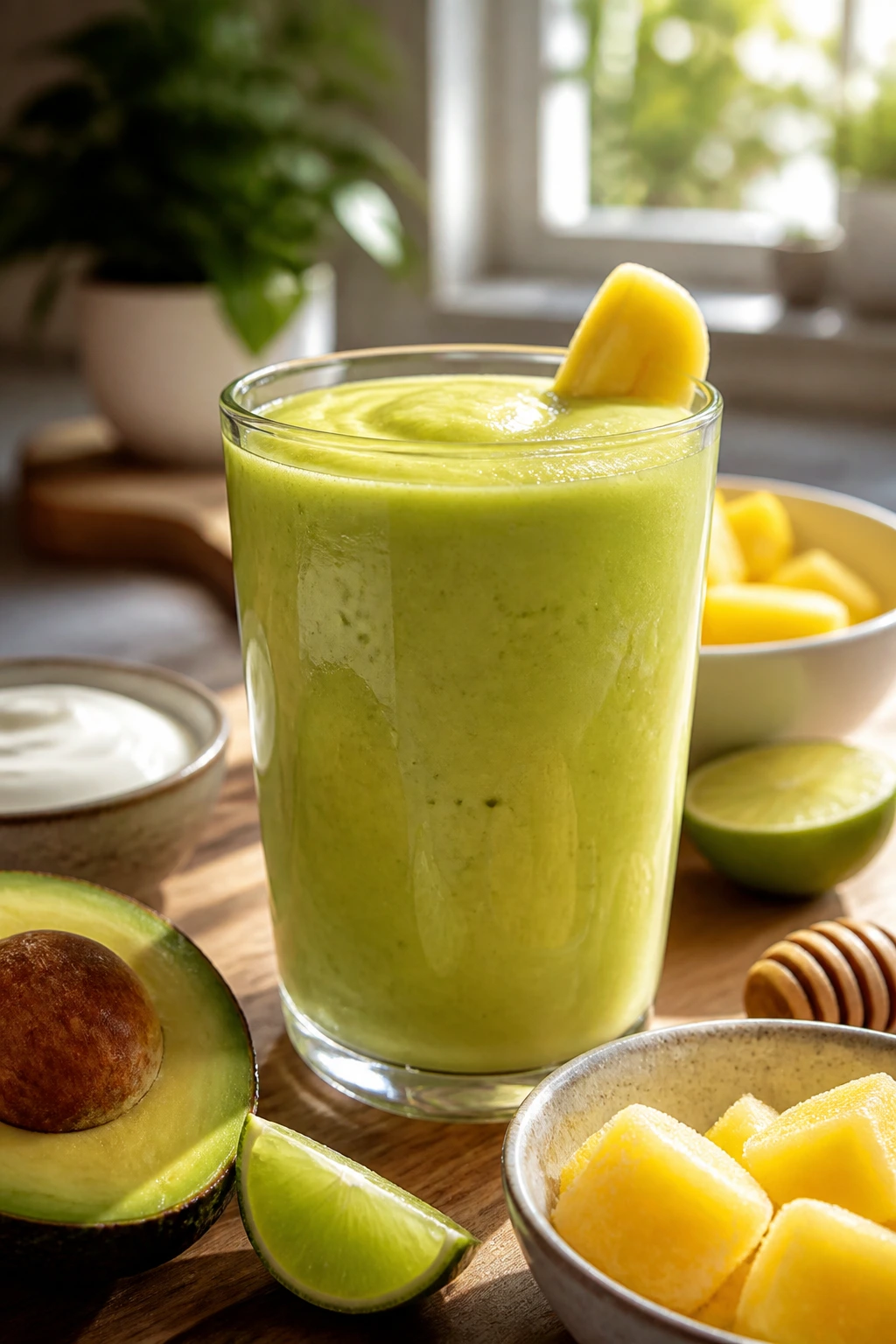 Close-up of a creamy avocado smoothie in a glass on a sunny kitchen counter