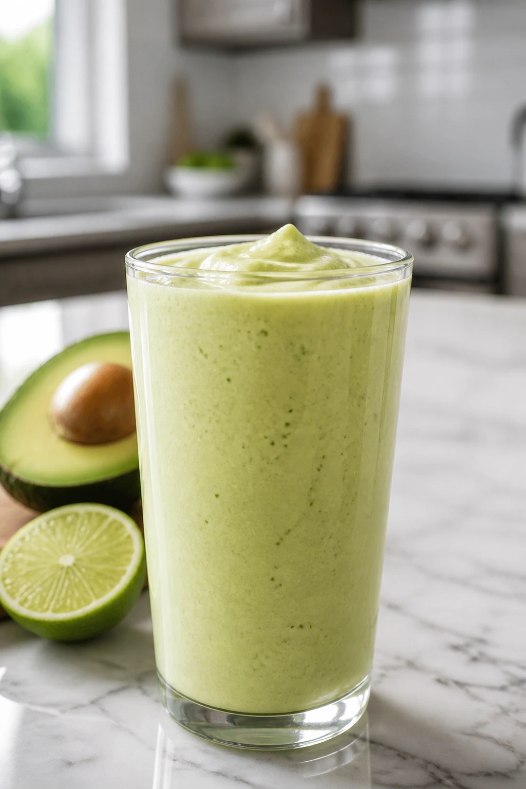 Close-up of avocado honey lime smoothie in glass on marble counter