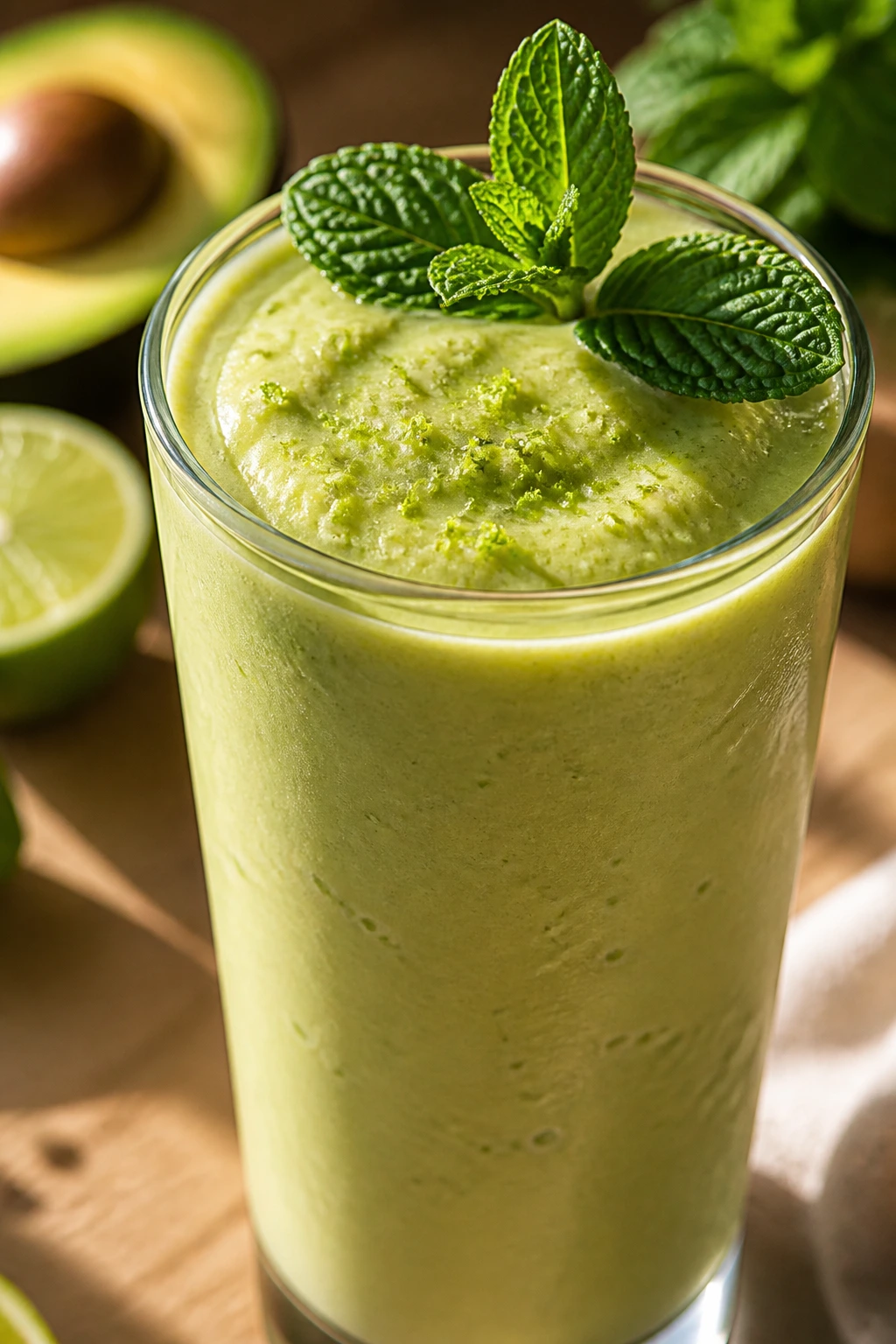 Close-up of a thick avocado smoothie with lime zest and mint in a tall glass