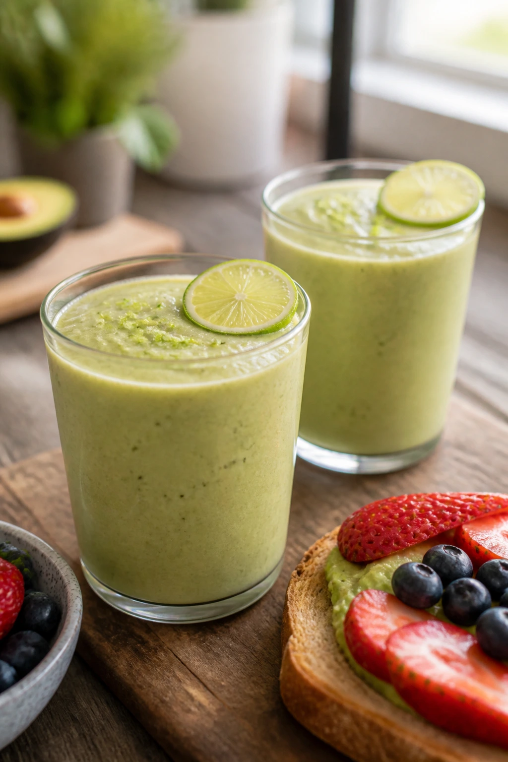 Close-up of two chilled glasses of avocado smoothie with lime wheels on a wooden table