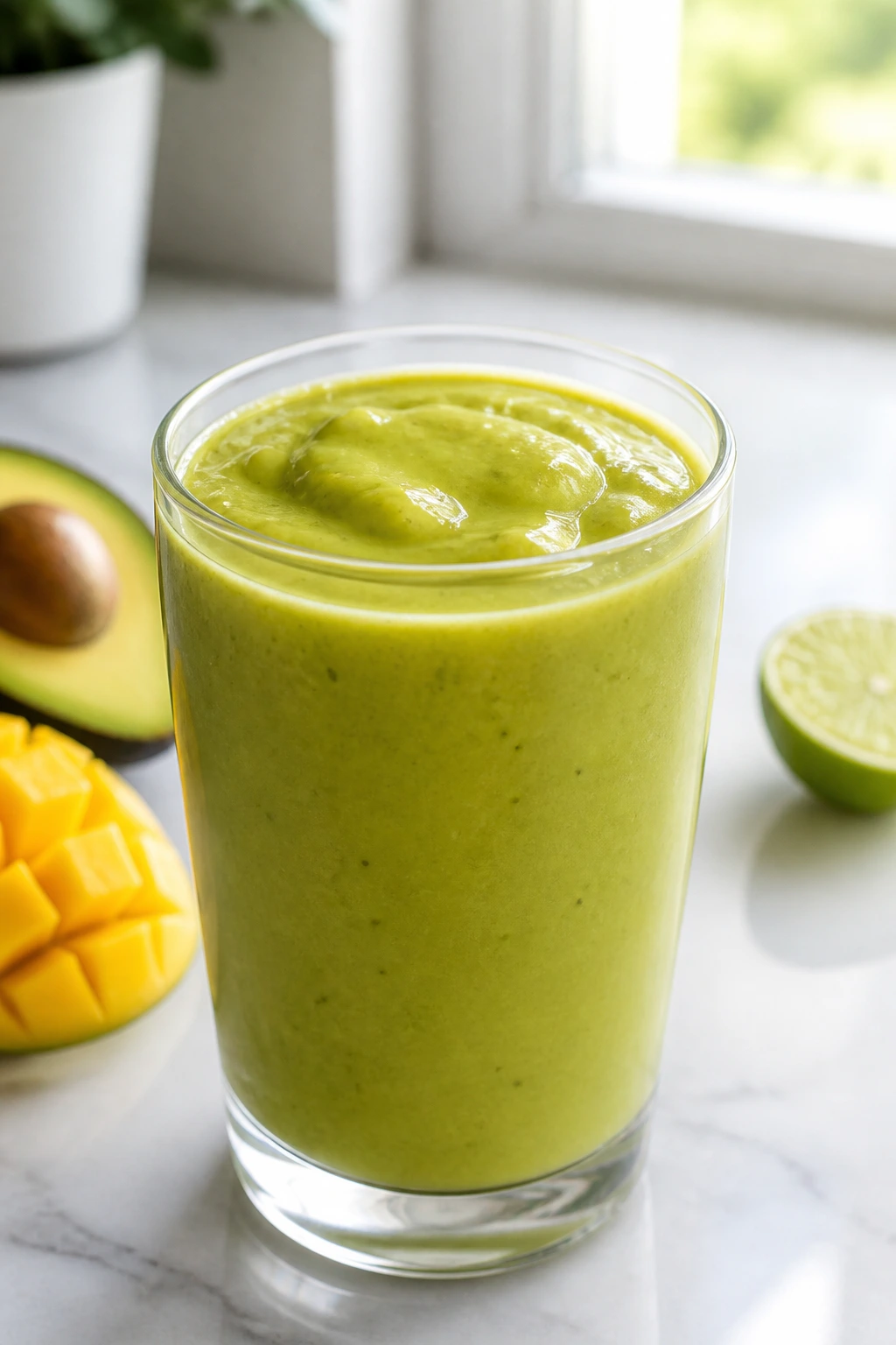 Velvety green avocado mango lime smoothie in glass on sunlit kitchen counter