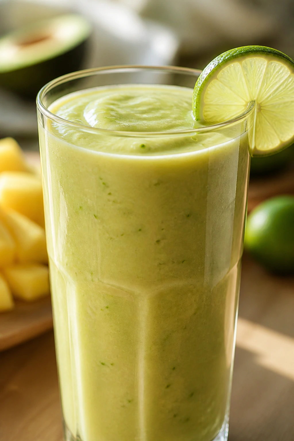 Creamy green avocado pineapple lime smoothie in a glass
