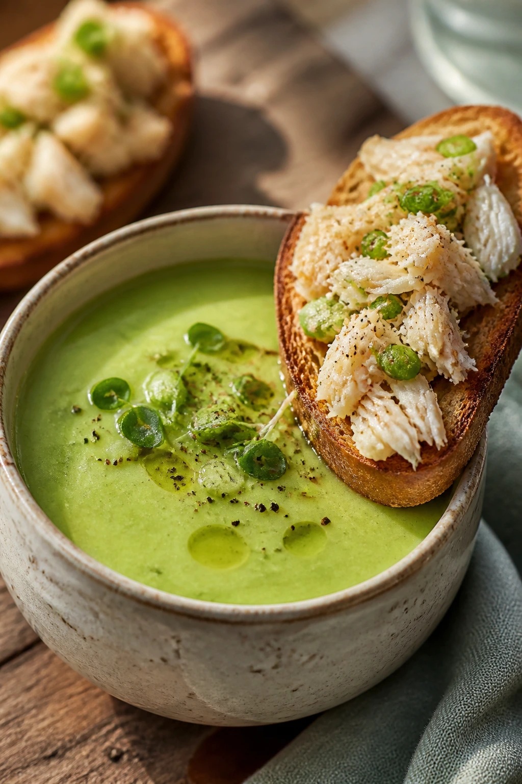 Green avocado soup in a cup with crab toasts on the side
