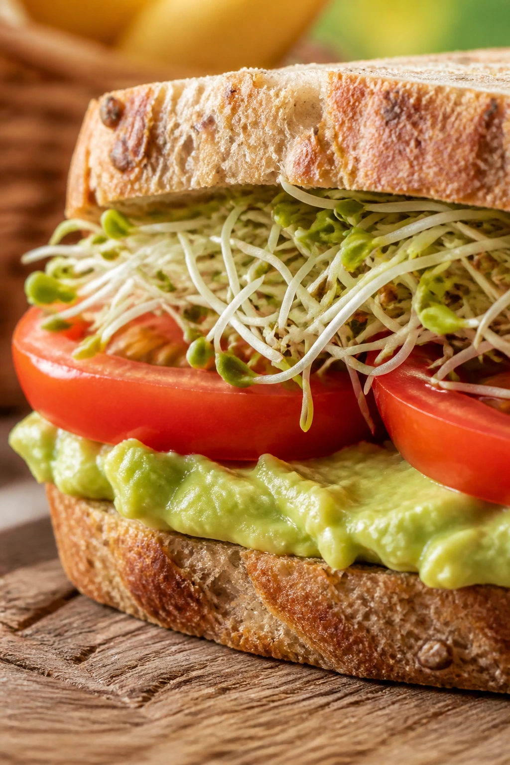 Close-up of avocado sprout tomato sandwich half outdoors