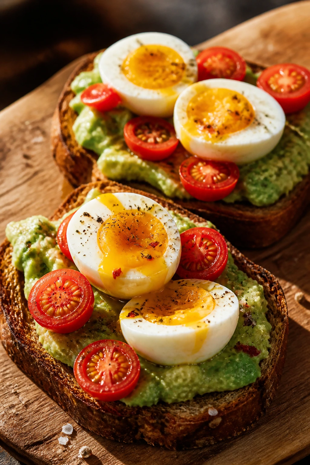 Toast topped with avocado, jammy eggs, and tomatoes on wooden board