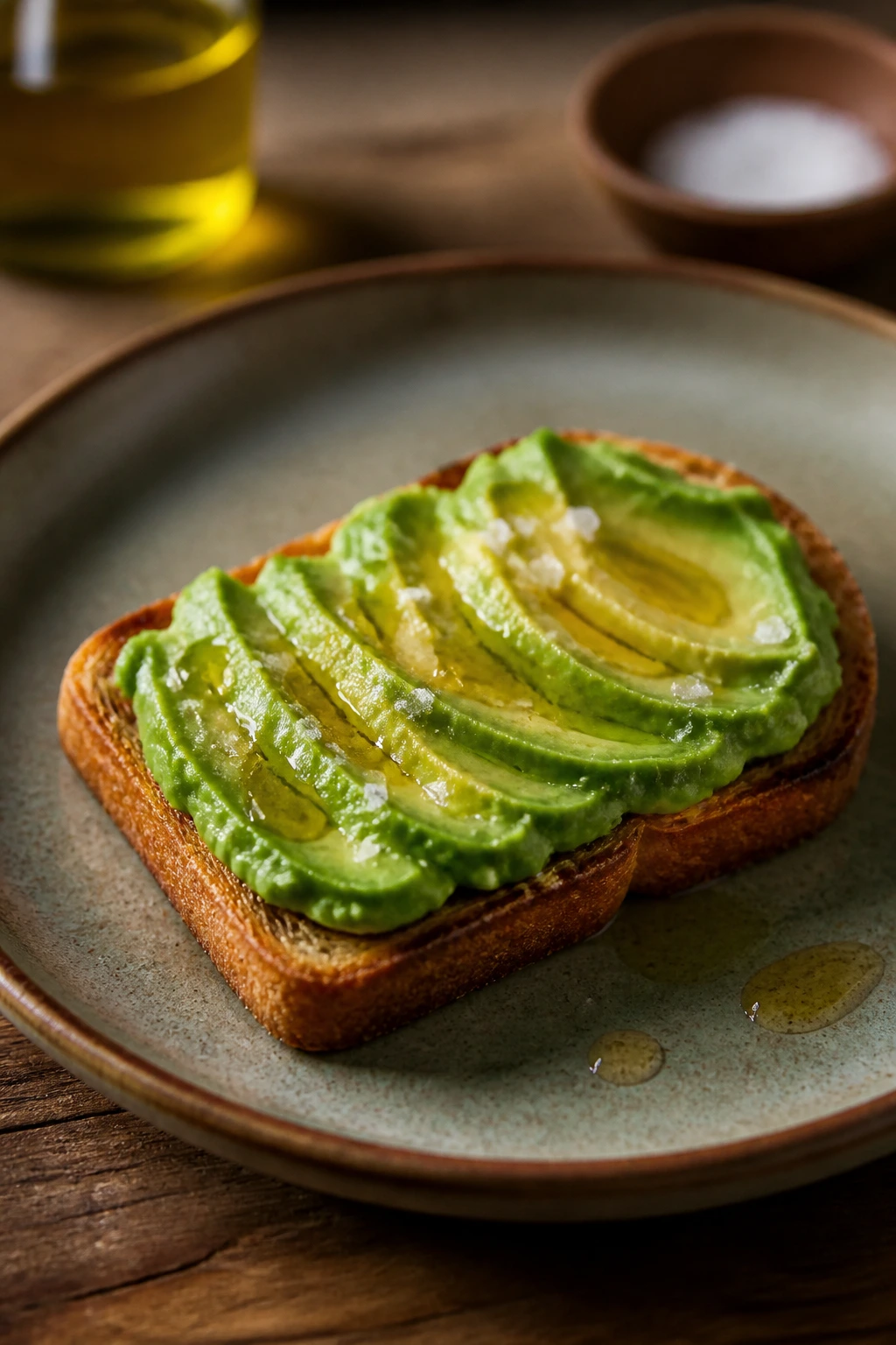 Avocado toast with flaky salt and olive oil on a rustic plate