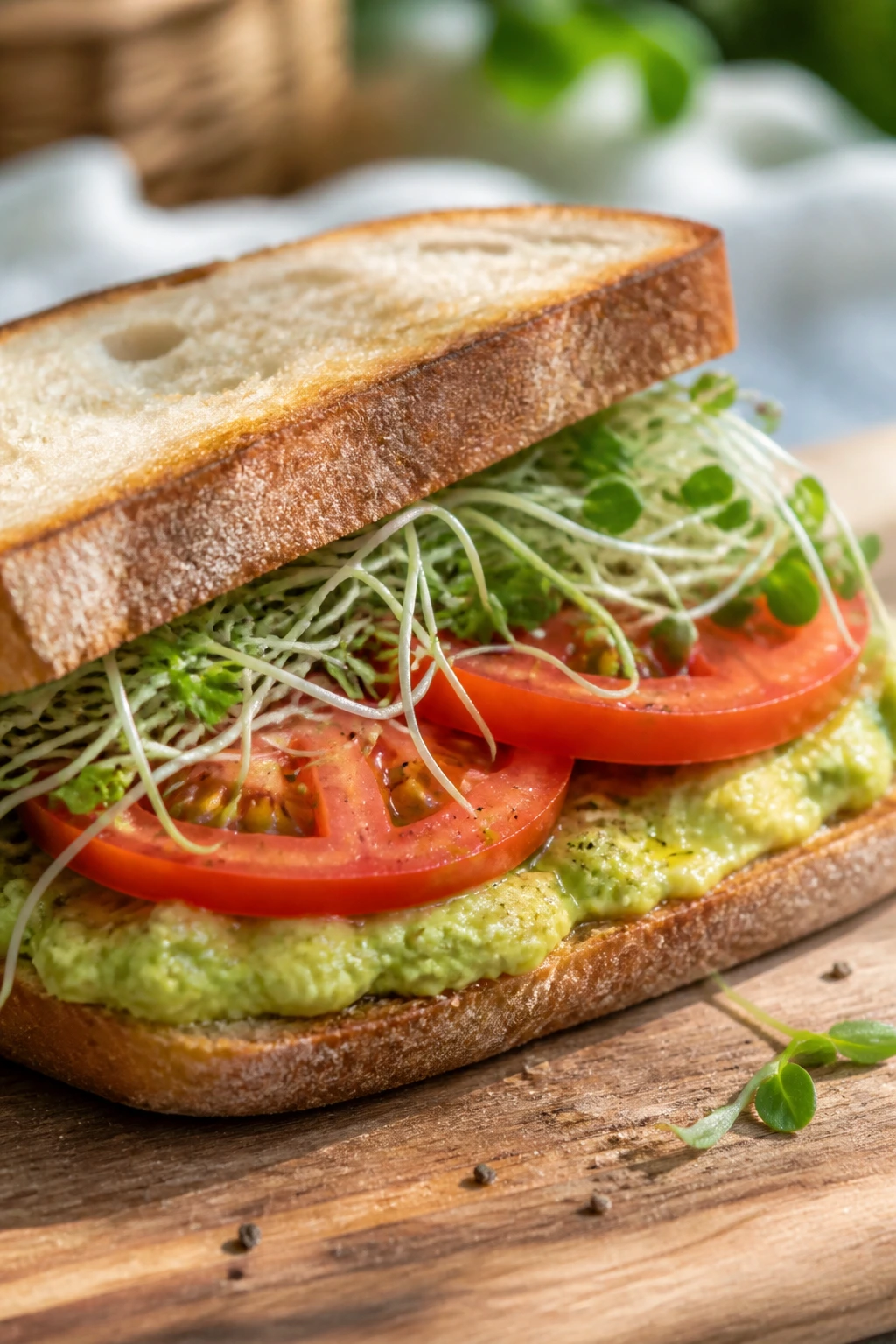 Close-up of Avocado Tomato Sprout Sandwich on rustic board outdoors
