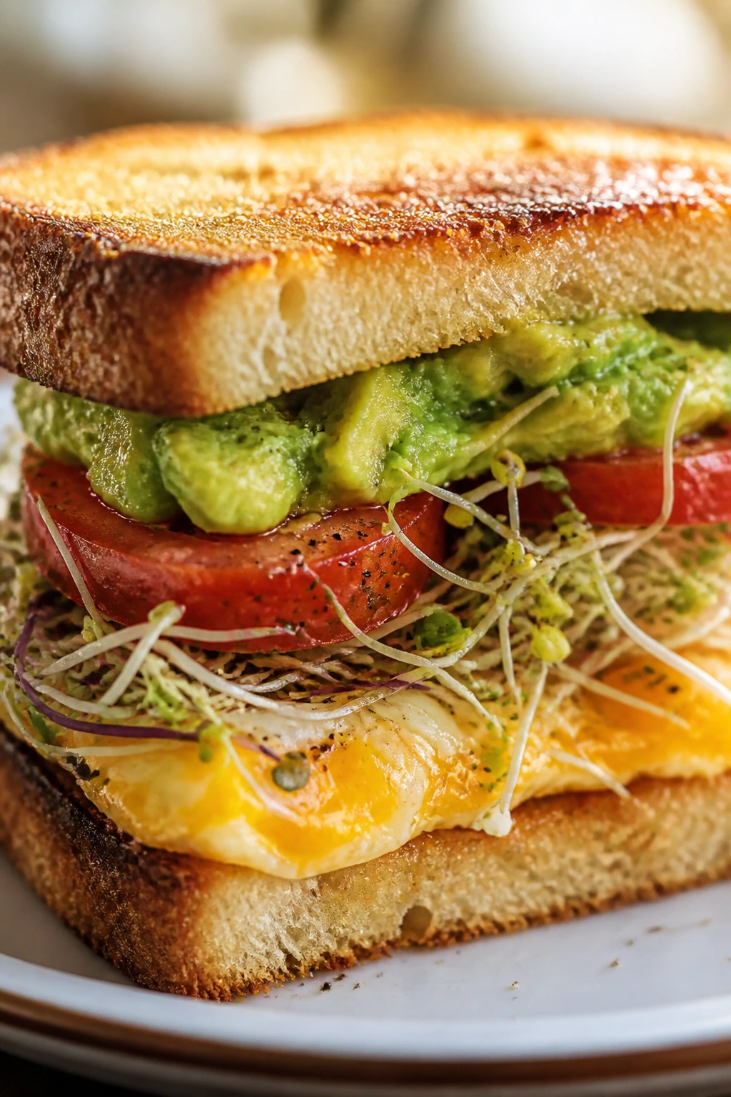 Breakfast sandwich with avocado tomato sprouts on a plate