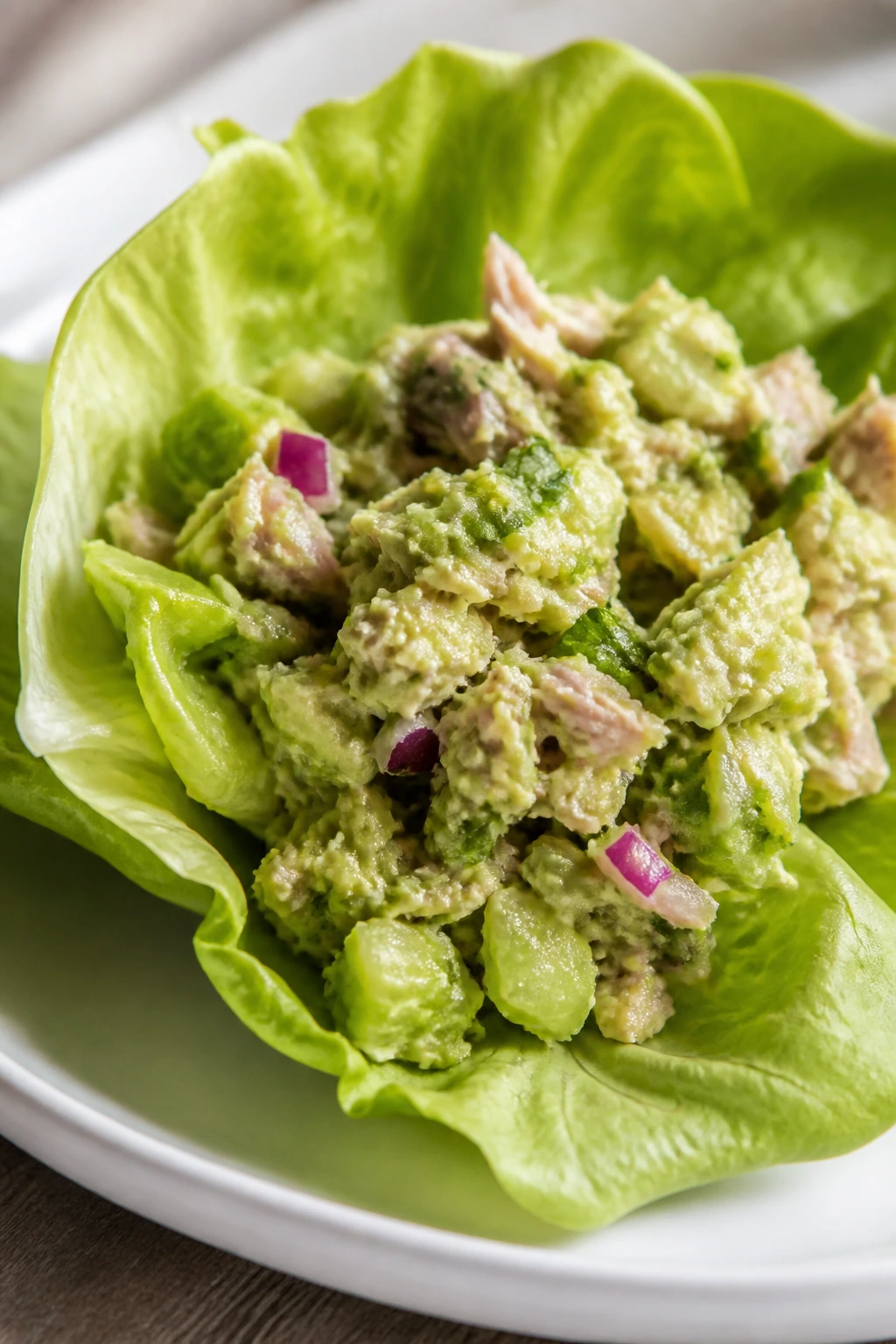 Butter lettuce leaf filled with avocado-tuna salad on a plate
