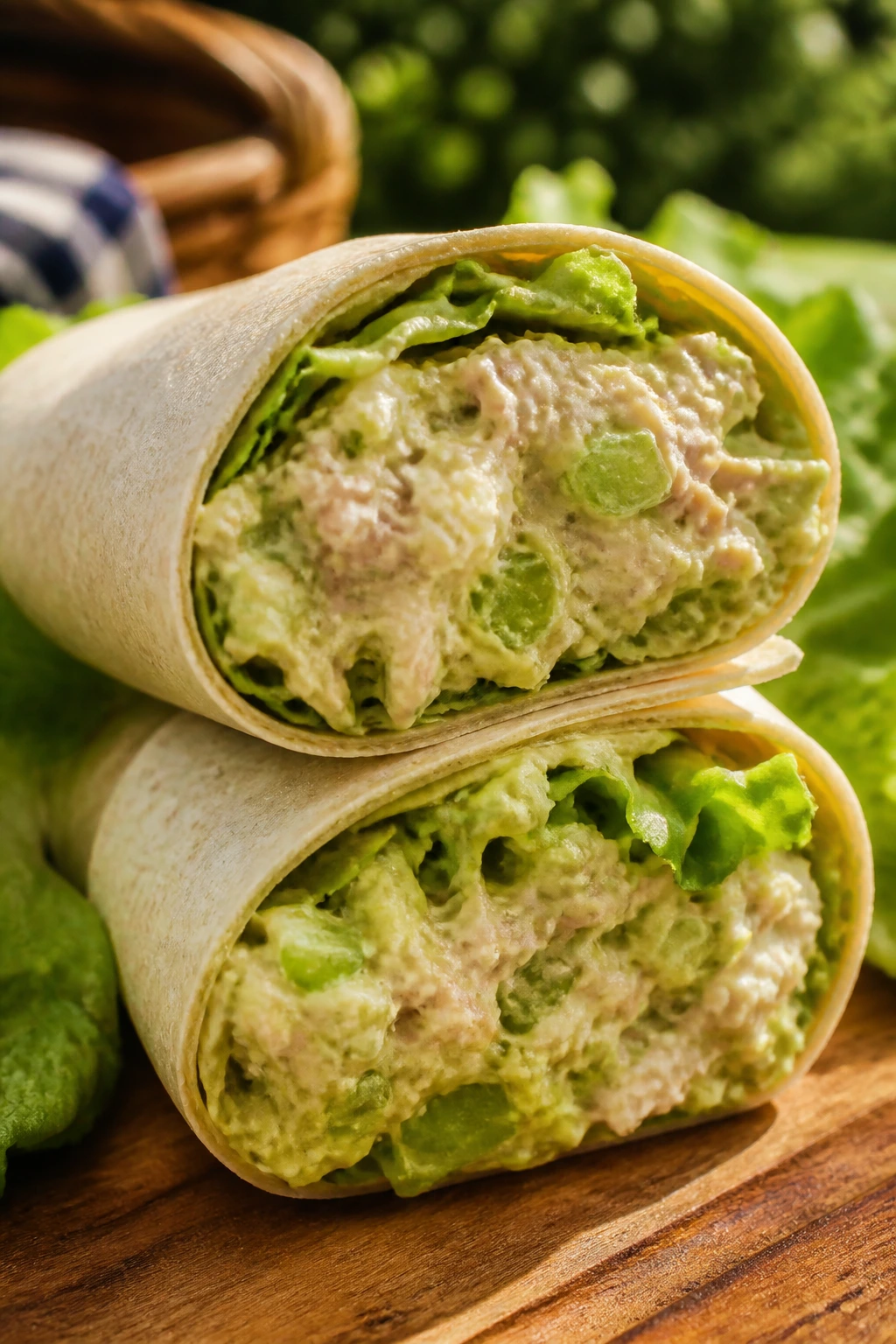 Close-up of avocado tuna wrap filling with celery on a wooden board outdoors.