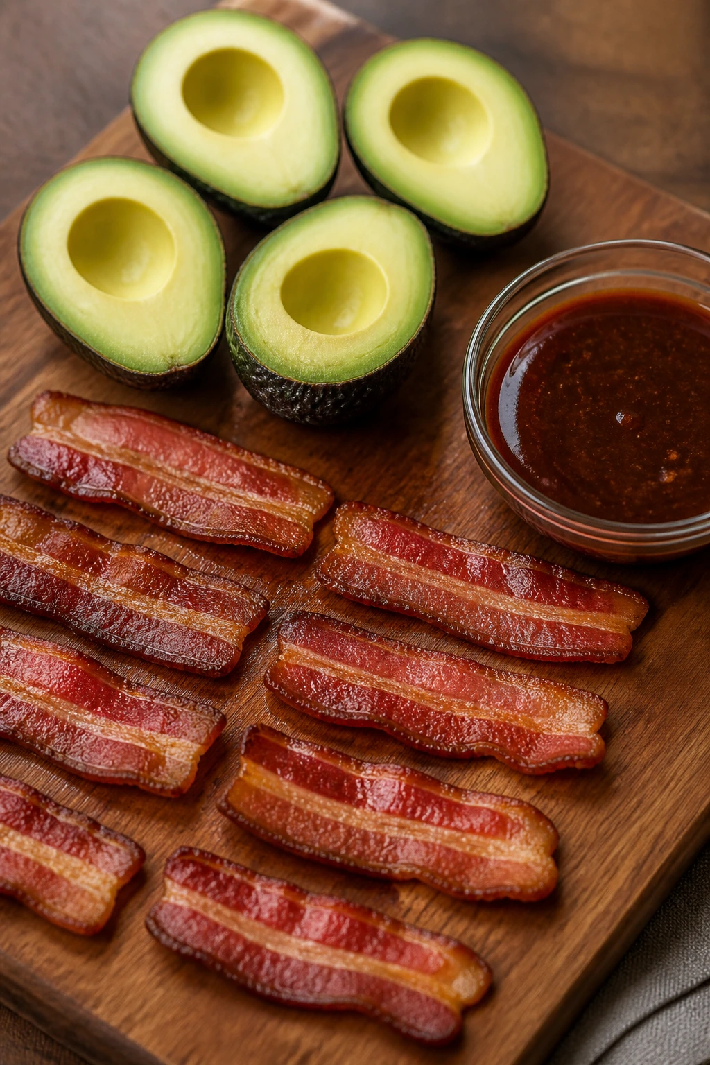 Still life of avocados, bacon pieces, and glaze ingredients arranged on wooden board