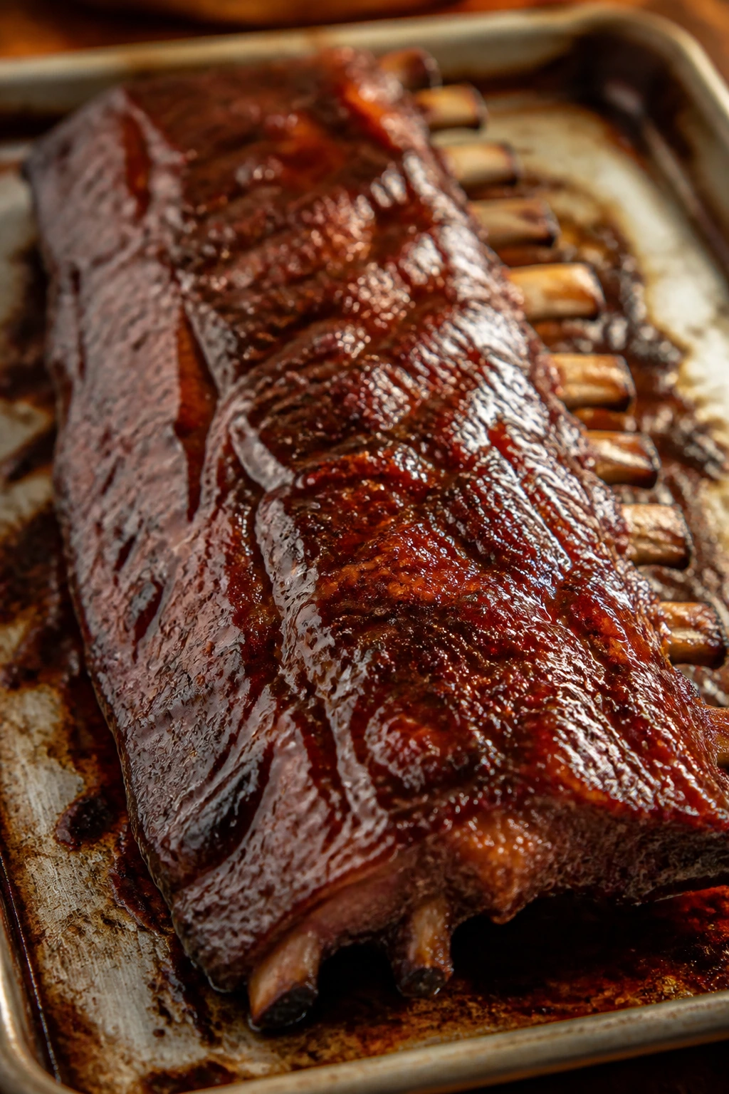 Close-up of sticky glazed baby back ribs on a baking sheet