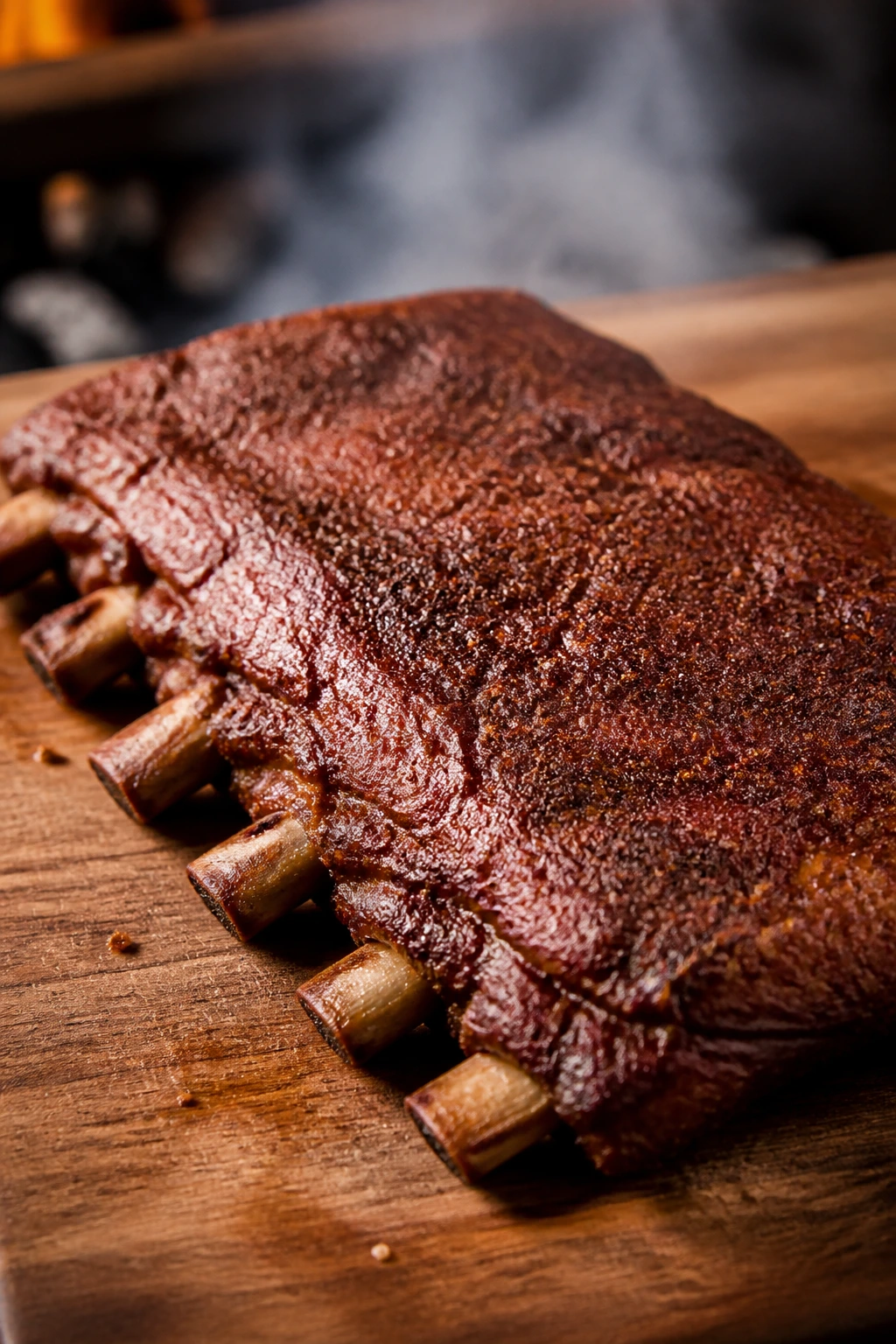 Rack of baby back ribs with dry rub on wooden board