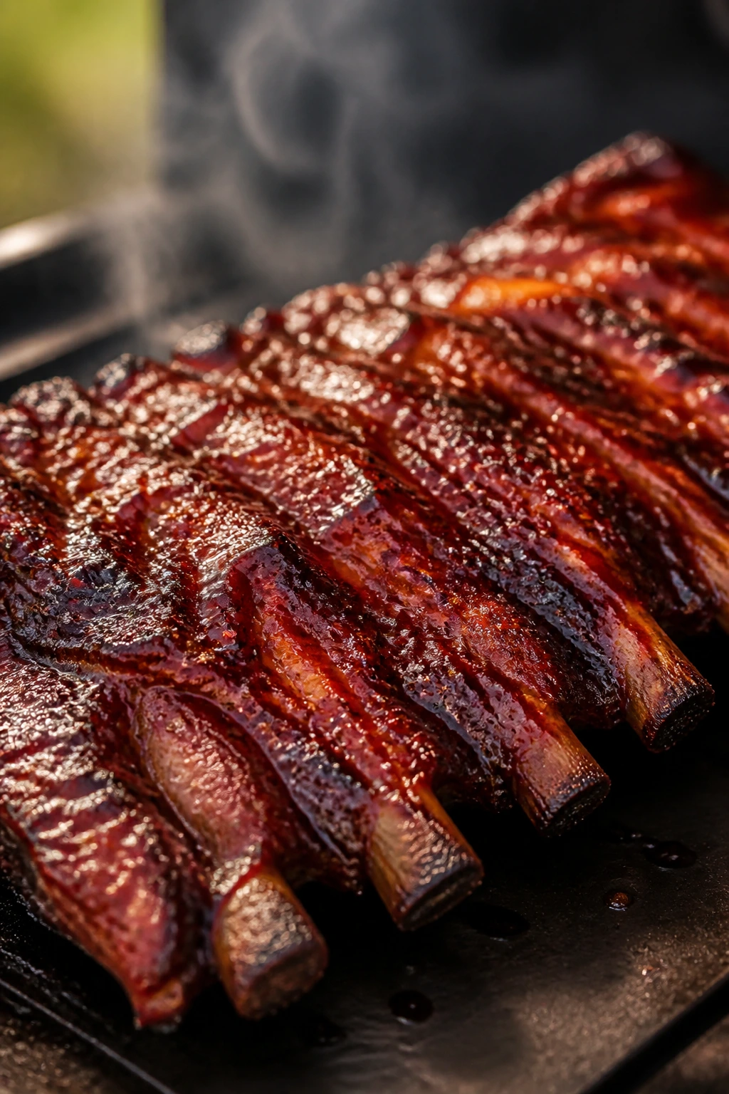 Glossy glazed baby back ribs on a wooden board
