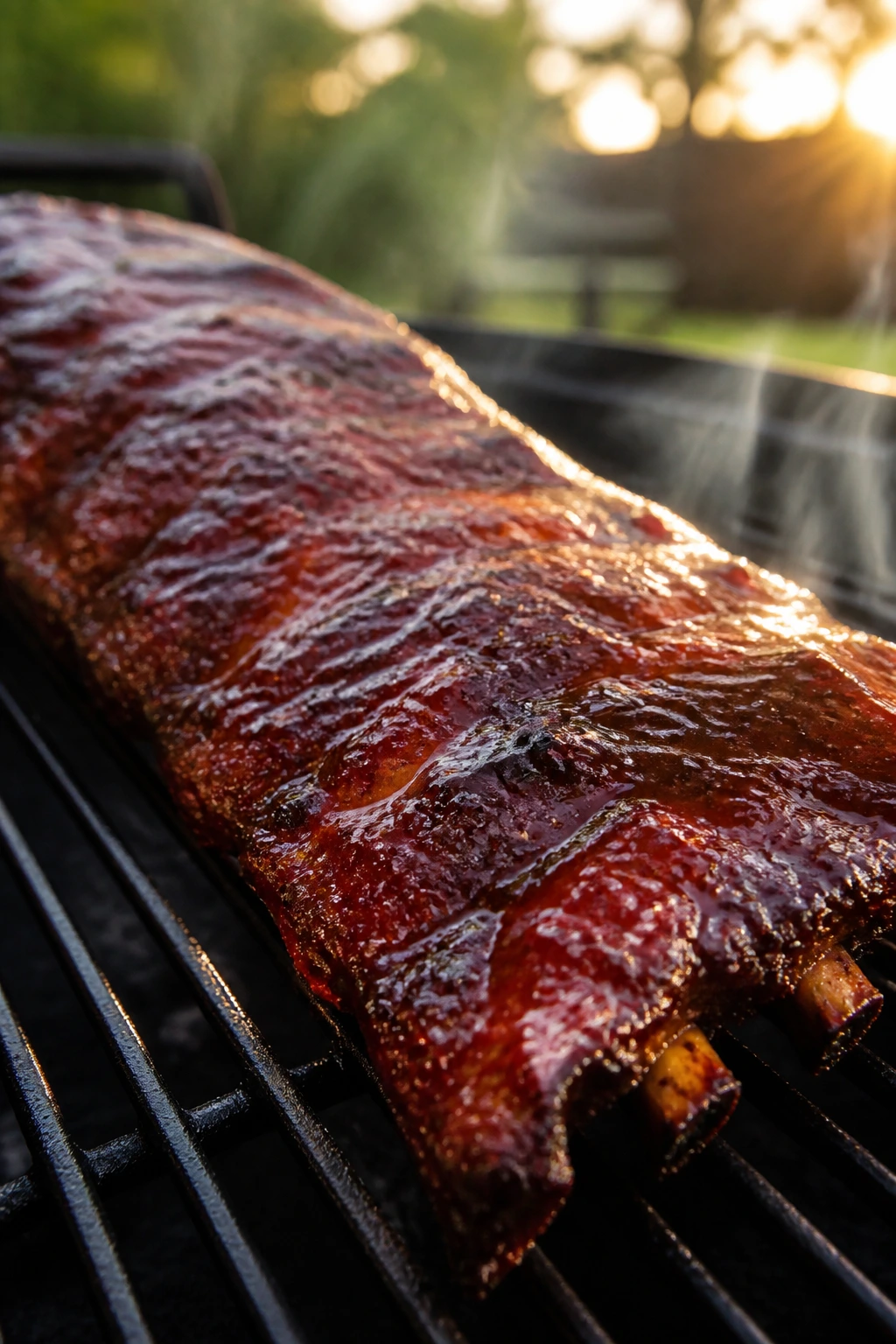 Close-up of lacquered baby back ribs on a grill with smoky backdrop
