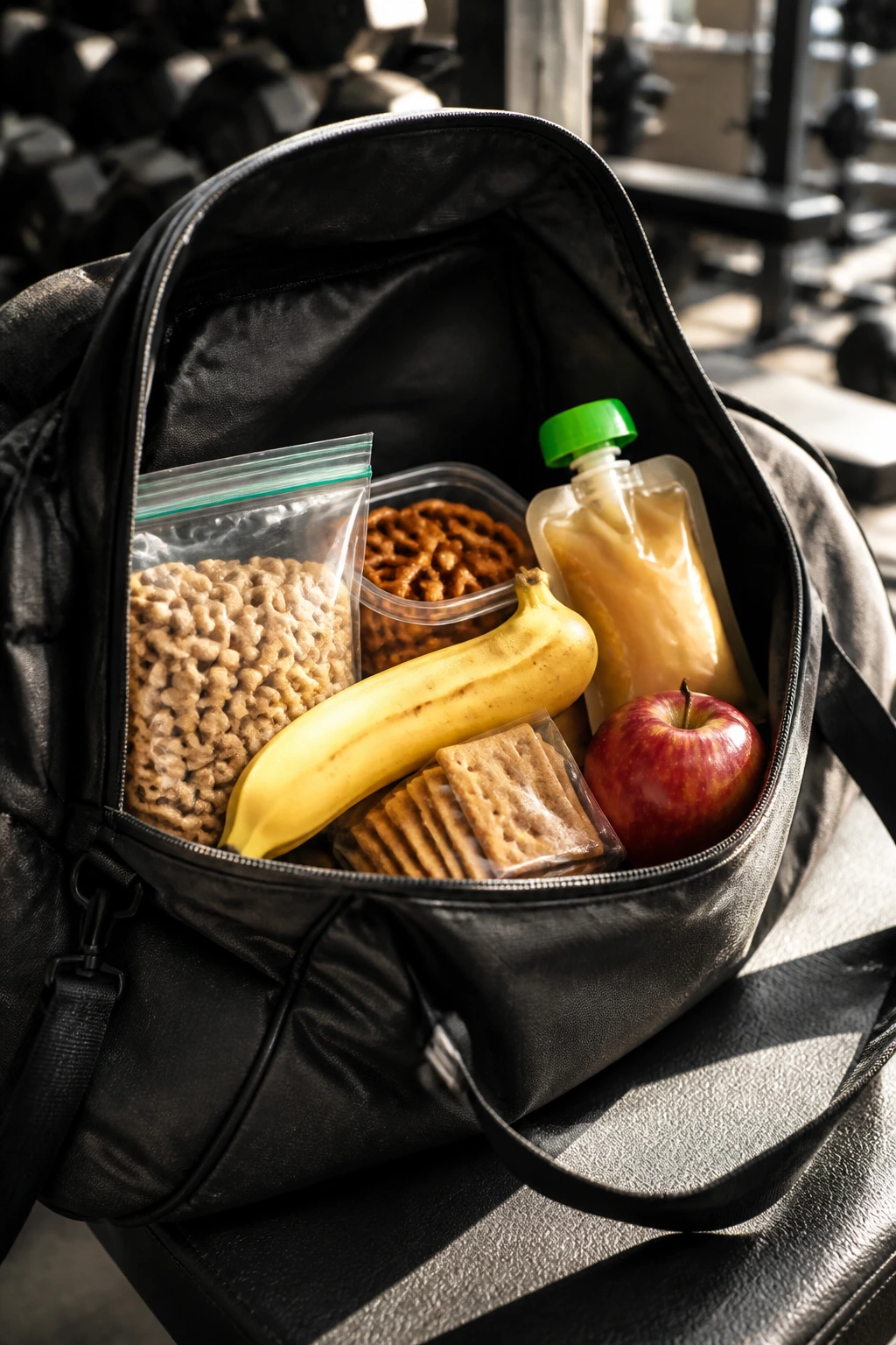 Gym bag opened with backup snacks visible inside