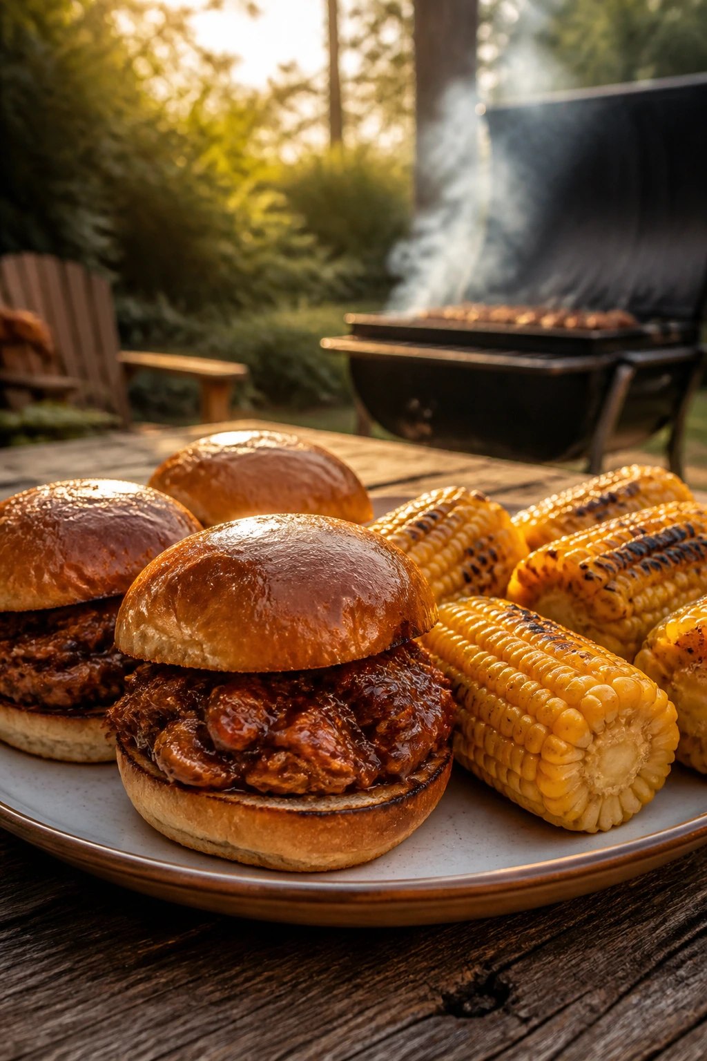 Close-up of sliders and corn on a rustic plate with soft backyard smoke