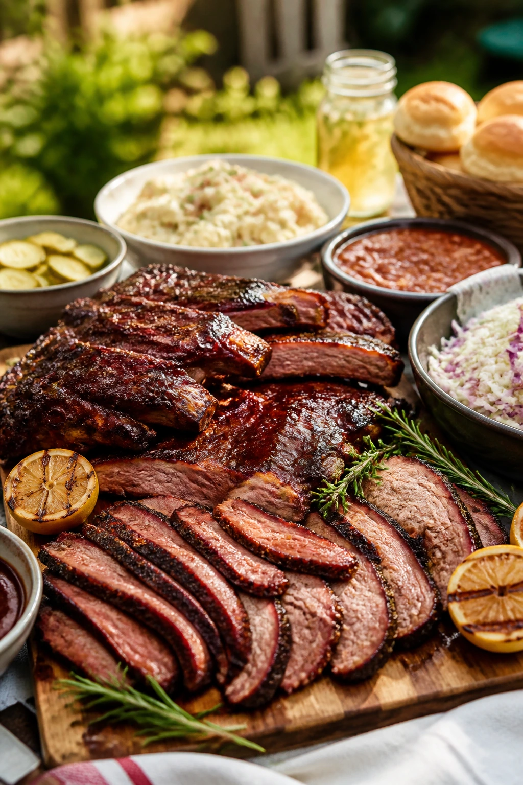 Outdoor backyard table with warm meat platter and bright sides