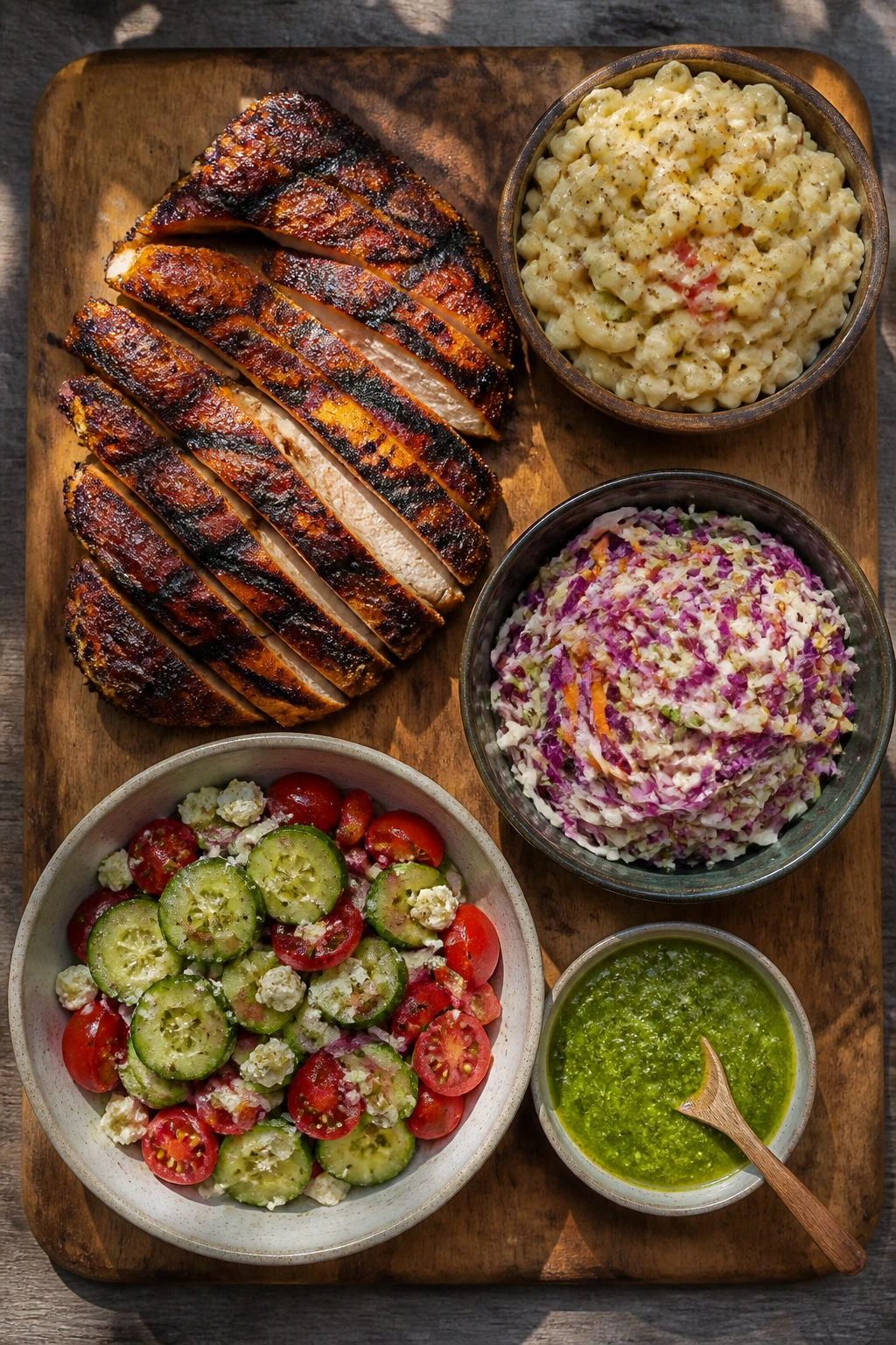 Board showcasing a simple backyard cookout formula with protein, sides, salad, and sauce