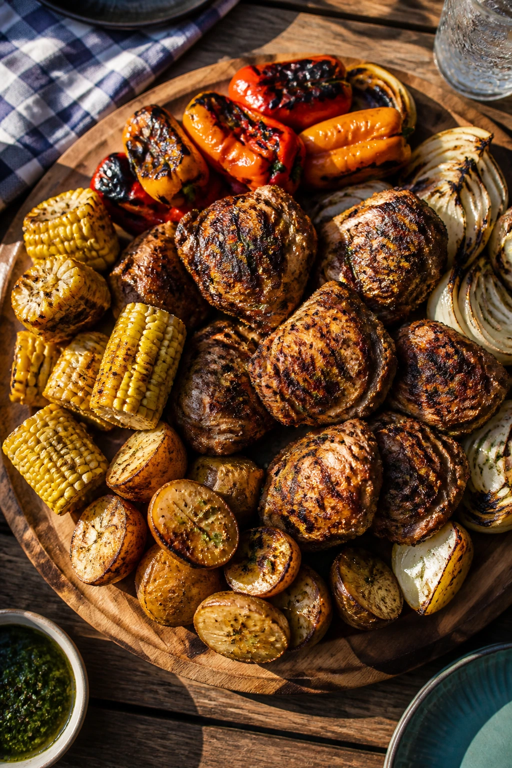 Layered backyard cookout platter with chicken, peppers, corn, onions, and potatoes.