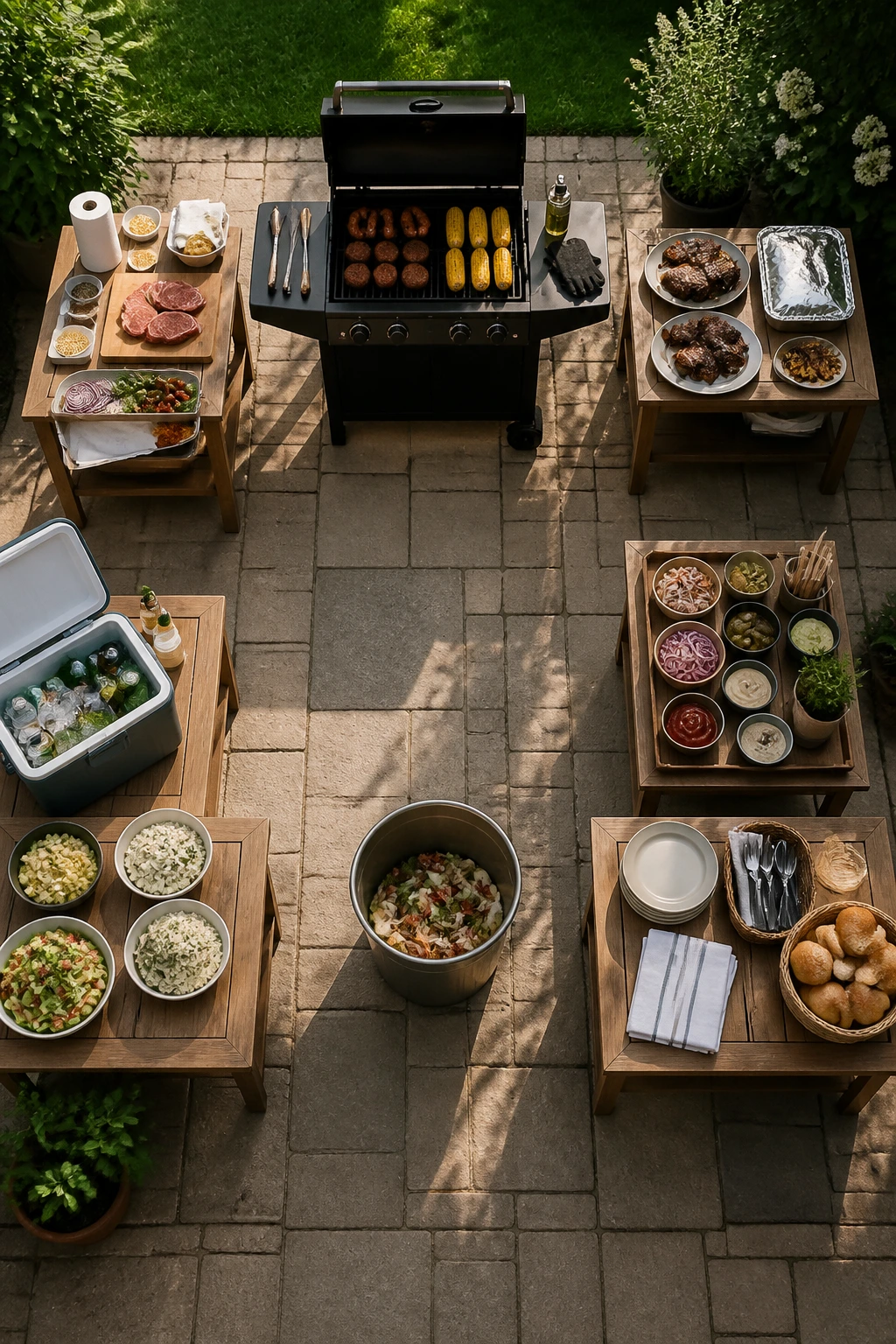 Aerial view of a backyard cookout layout with separate zones for prep, grill, and serving