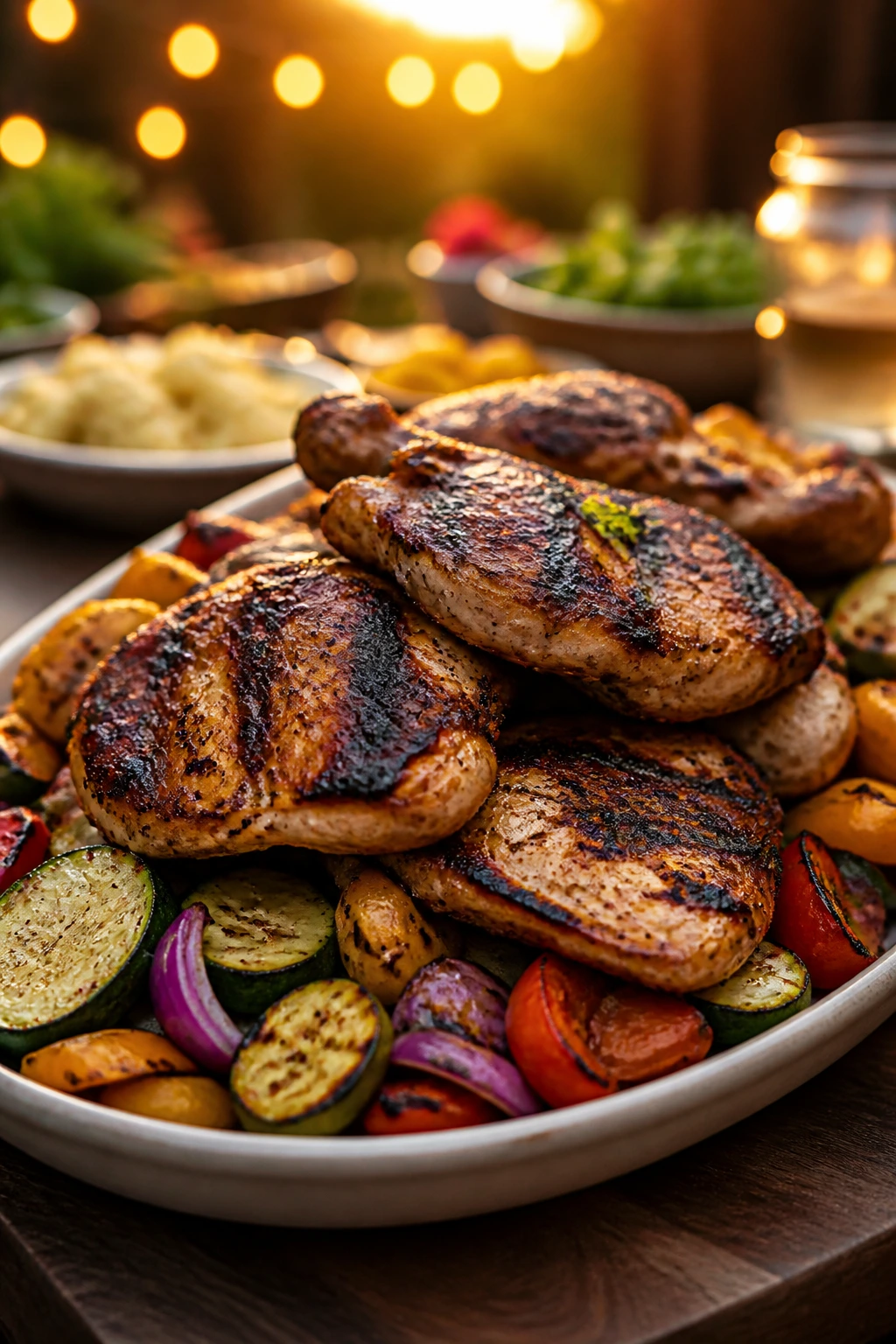 Warm platter of grilled chicken and vegetables served in backyard setting
