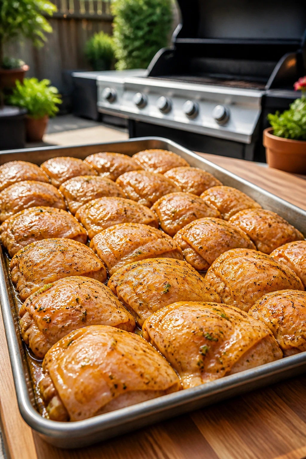 Evenly arranged marinated chicken pieces on a wooden board in a backyard setting