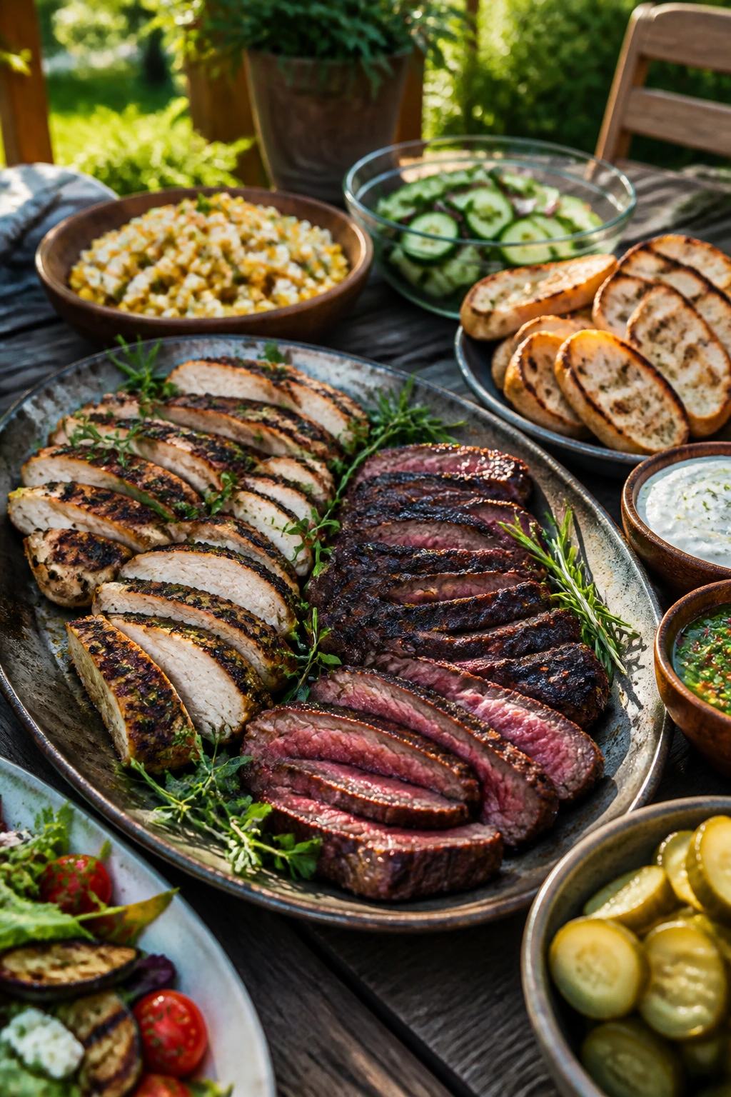 Close-up of a relaxed backyard cookout spread with sliced meat on platters and separate bowls of sauces