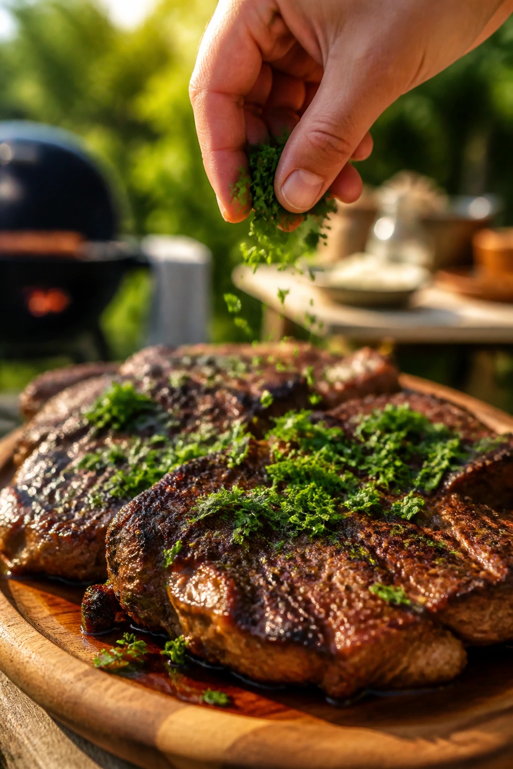 Hand applying finishing herb on grilled steak in backyard