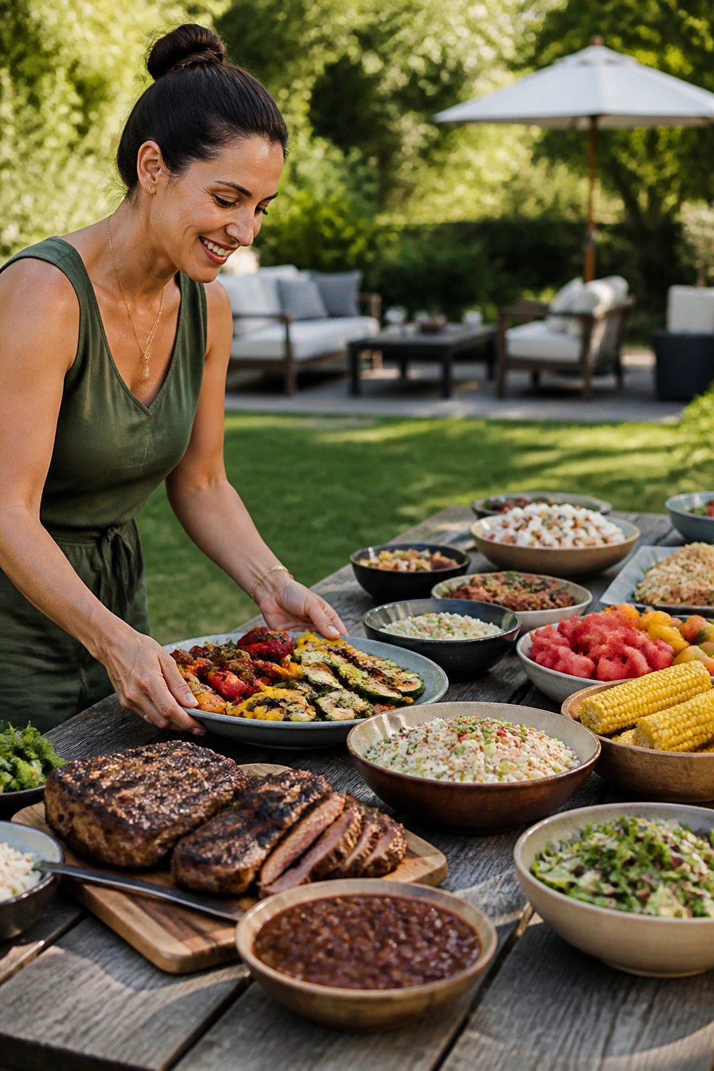 Person at backyard table with varied dishes for different crowds